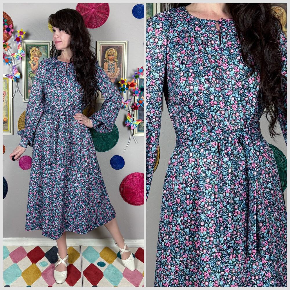 Vintage 1960s Blue and Pink Ditsy Floral Long Sleeve Belted Midi Dress